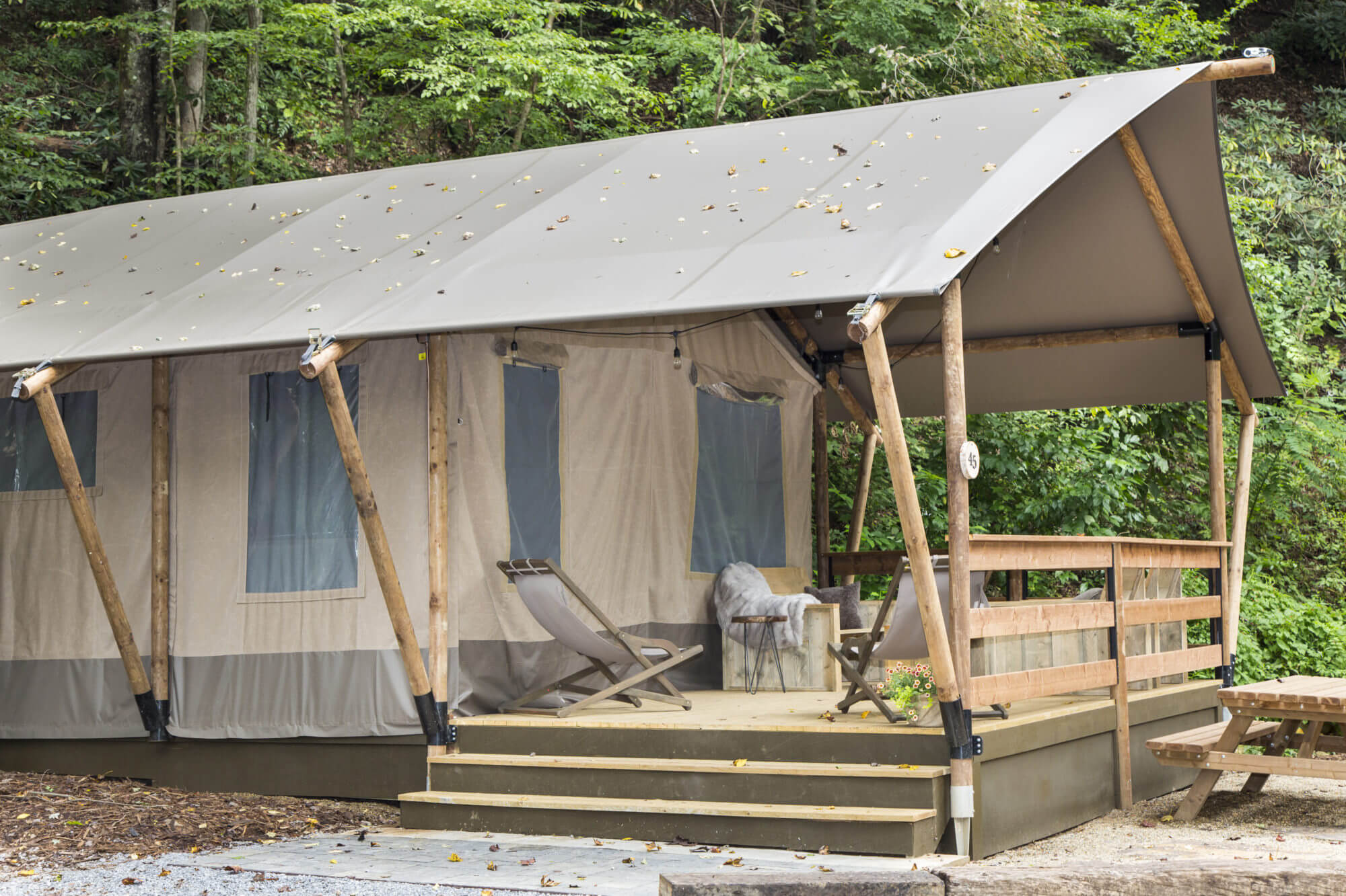 Glamping tent at Little Arrow Campground